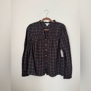 Time and Tru Plaid Peasant Button Up Blouse Top | Large | New with Tag